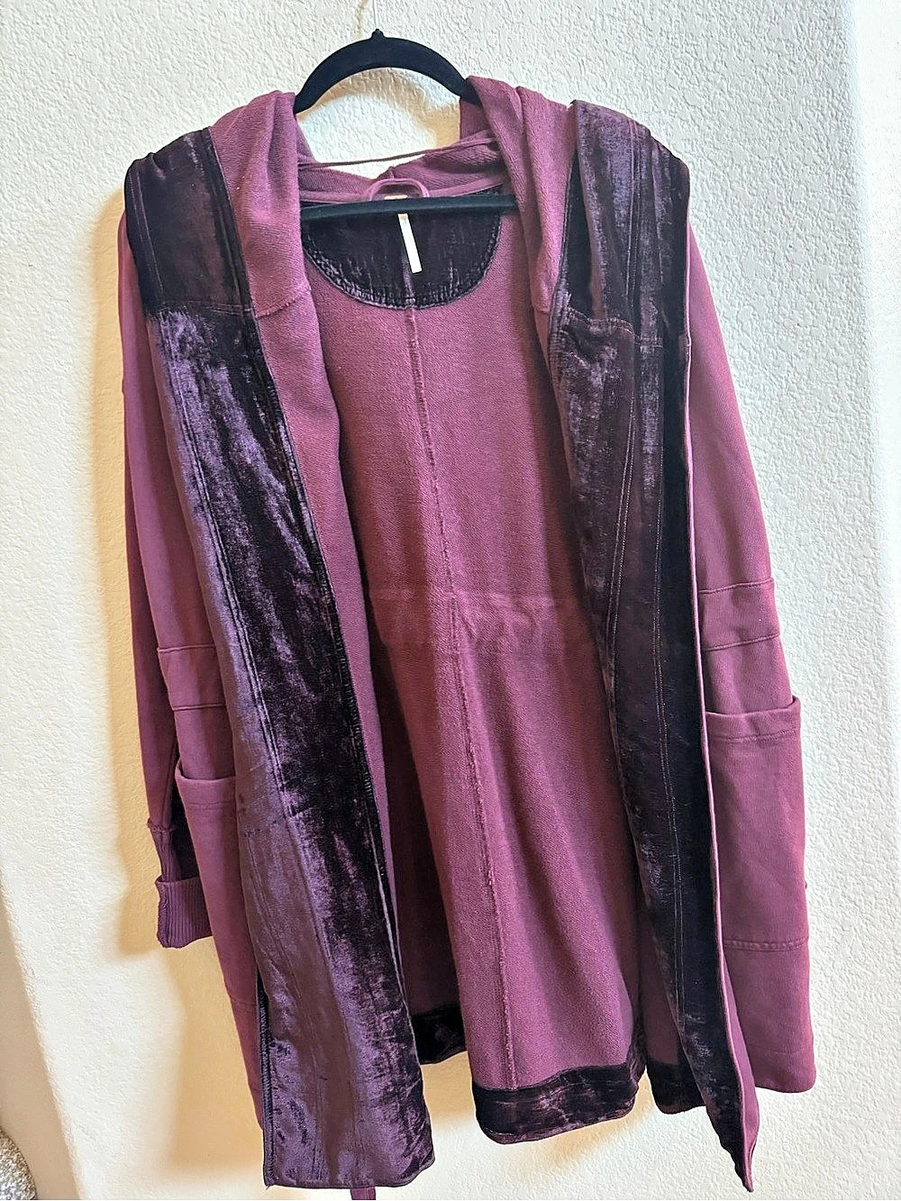 Free People Dark Berry Velvet Trim Hooded Cardigan Jacket NWT Size S - Picture 4 of 16